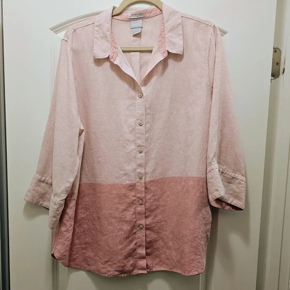 Chico’s No Iron 100% Linen Ombre Button Front Shirt Size 3 XL Pink - Picture 2 of 6